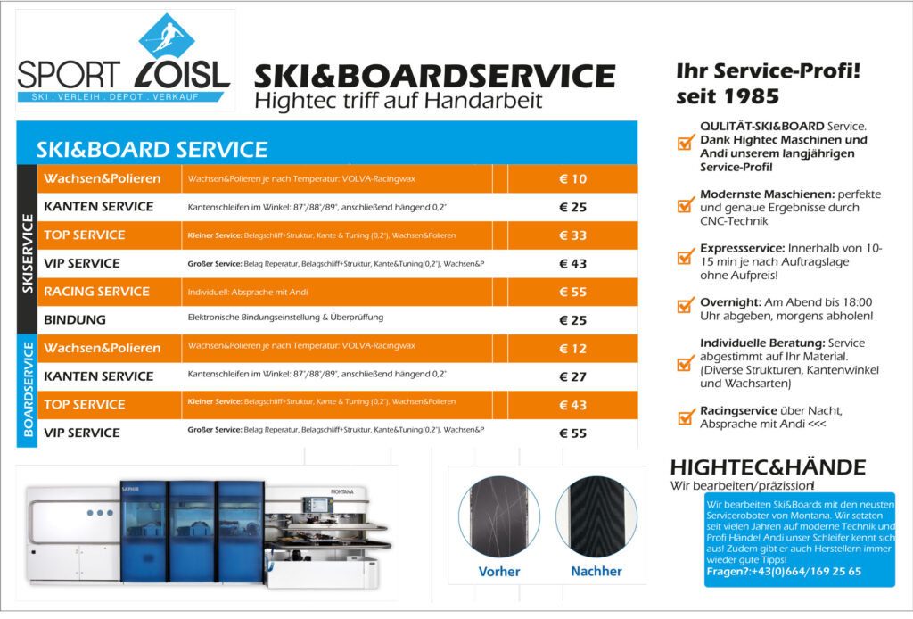 Sport Loisl Preisliste für Ski und Snowboard Service